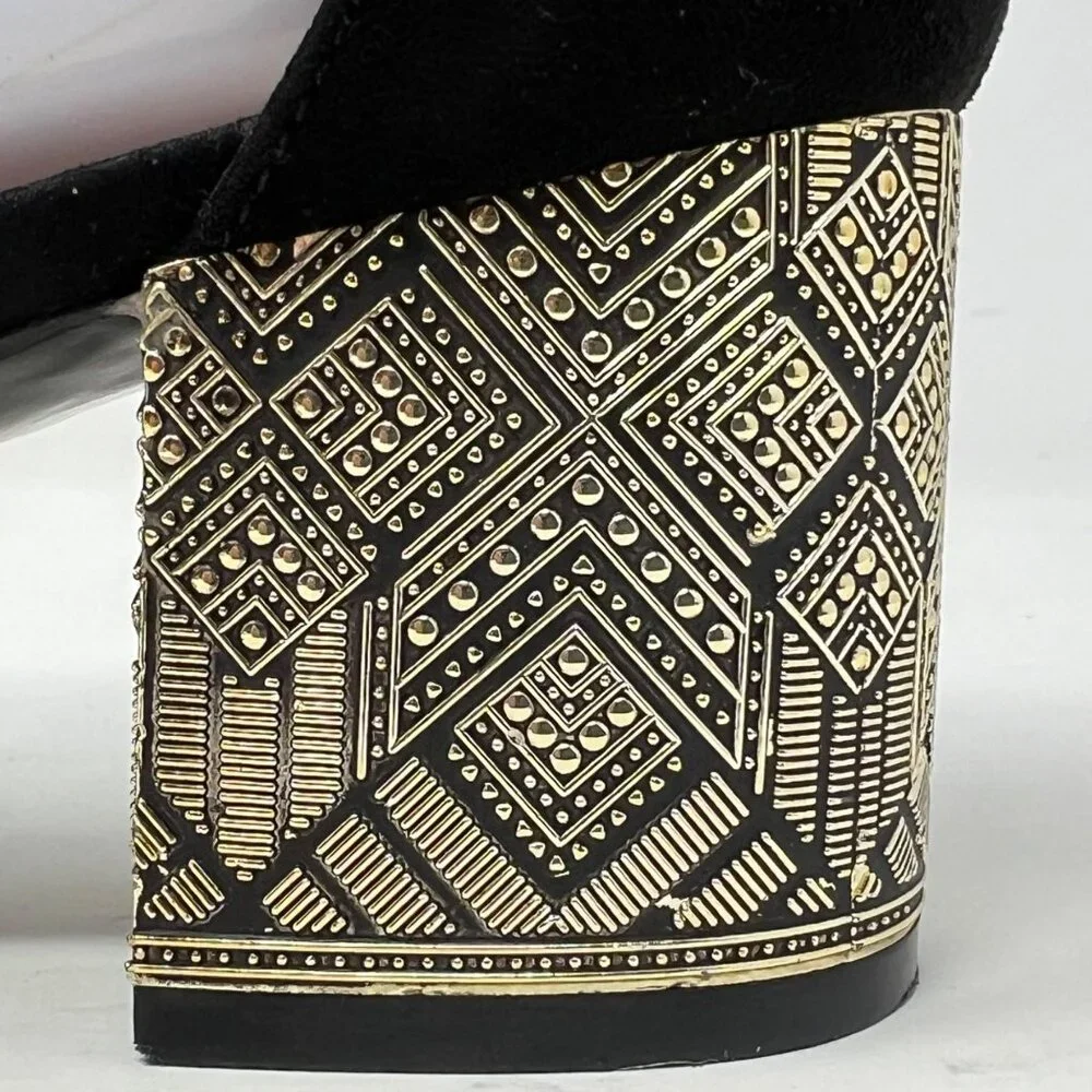 Nine West‎ Black Faux Suede Ankle Strap Gold Design Block Heels Size 6.5M